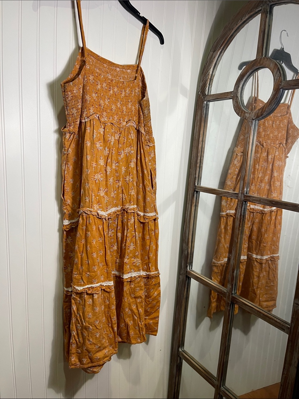 Universal Thread Mustard Floral Midi Dress with Tiered Skirt - Picture 2 of 3